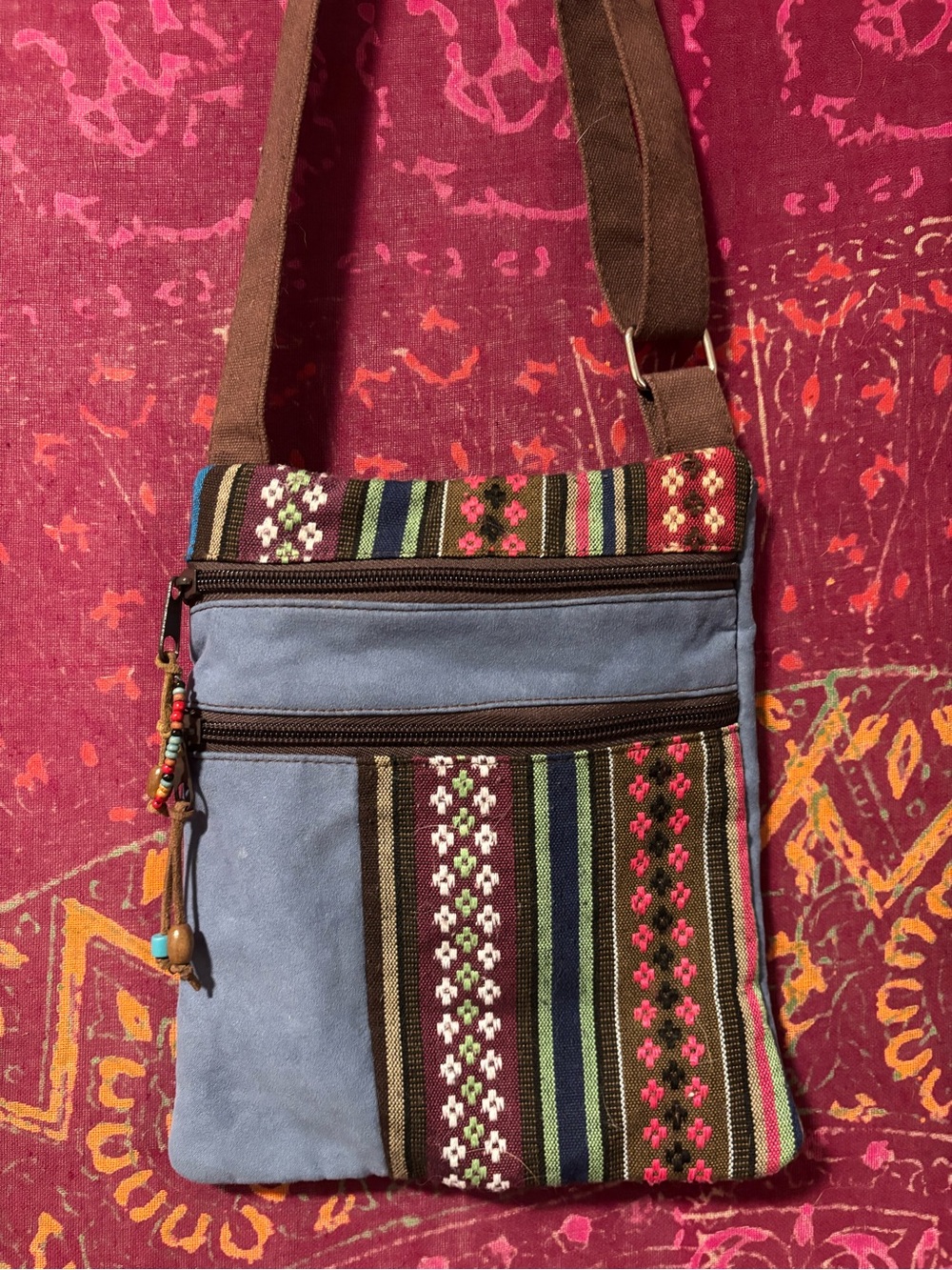 Striped Woven Crossbody Bag with Blue Suede Panel